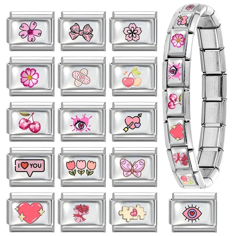 2026 Pink Love Heart Eyes OneArrow through the heart Italian Charms Link 9mm Sliver Modular Bracelet Stainless Steel DIY Jewelry Qme