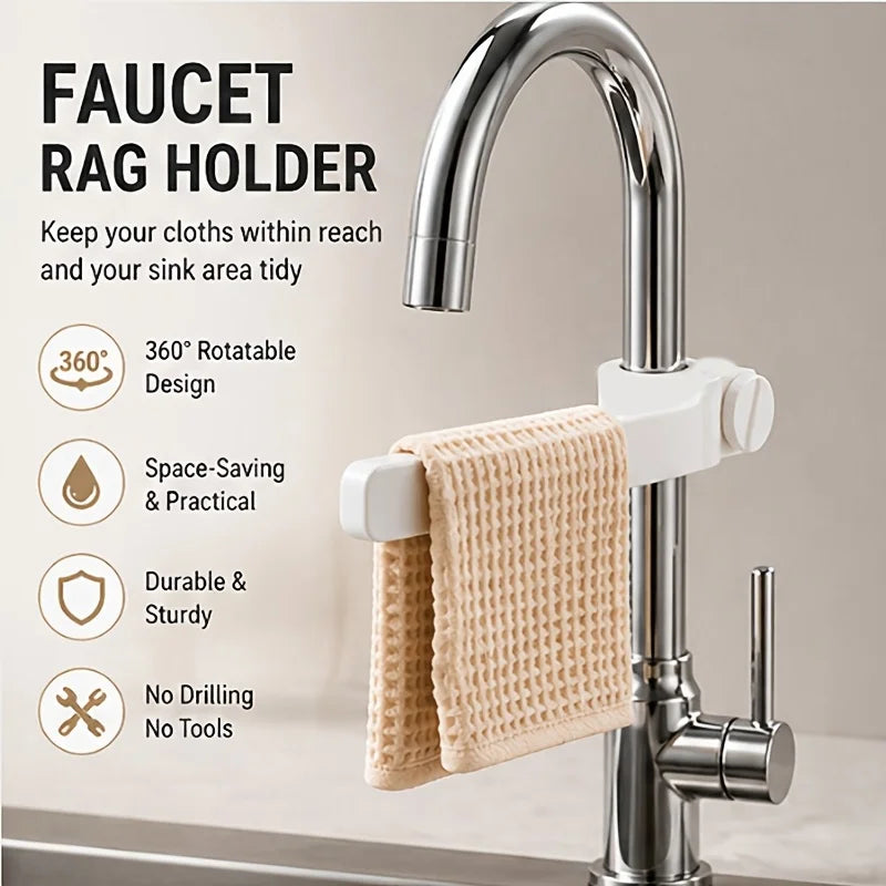 Adjustable Faucet Towel Holder, No-Drill Universal Faucet Mount Rack, Kitchen Sink Dish Cloth Hanger & Drying Organizer Qme
