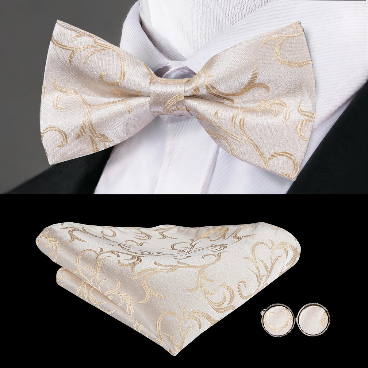 Hi-tie Pre-tied Mens Bowtie Hanky Cufflinks Bow Tie Cravat Male Qme LH-0795