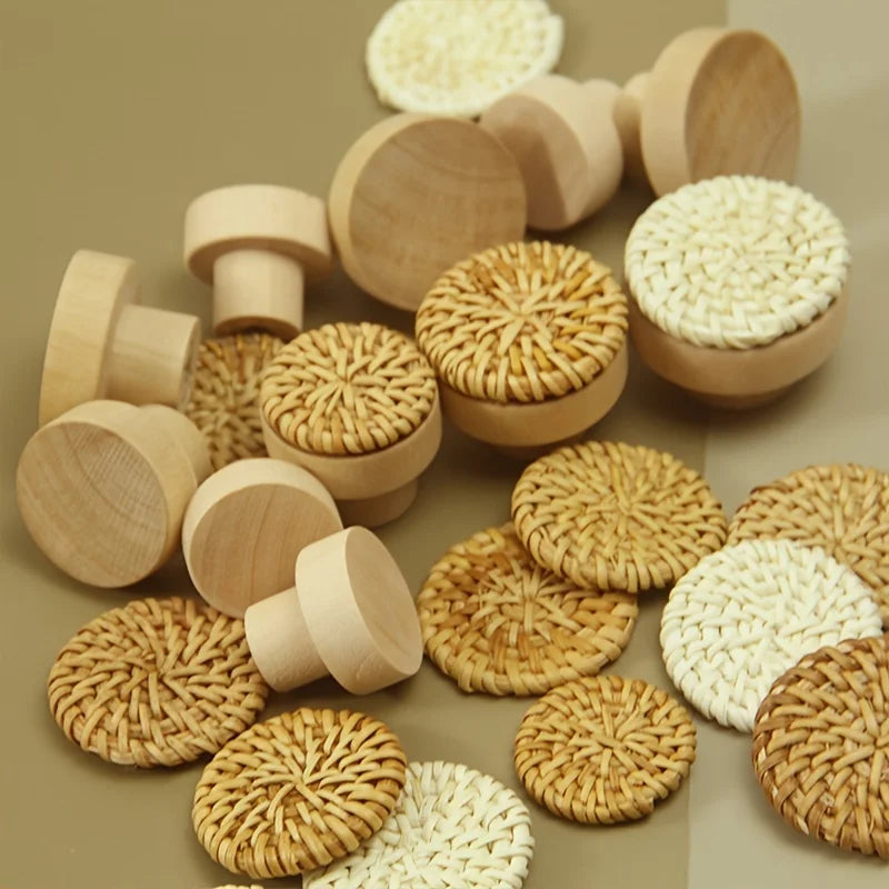 10 Woven Round Pancake Wooden Handles Clothes Cabinet Doors Rattan Qme