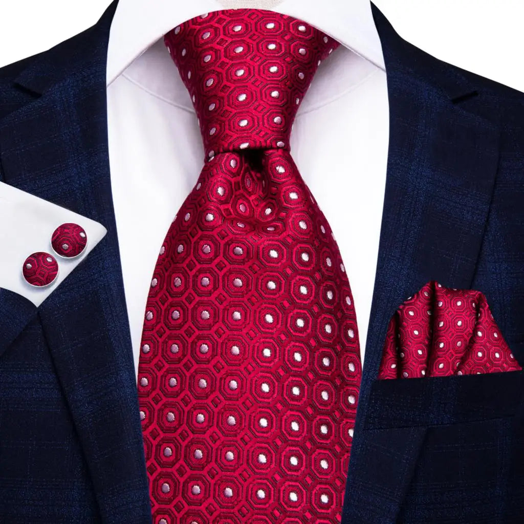 Hi-tie Designer Red Burgundy Plaid Wedding Tie Men Handky Cufflink Qme 1018