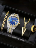 4-piece set European and American popular men's steel strap hip-hop Roman scale diamond inlaid calendar men's quartz watch Qme blue Yes