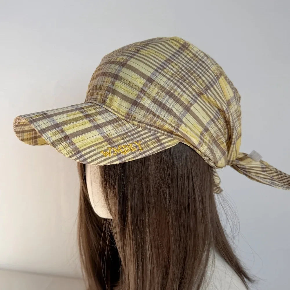 Contrasting Color Retro Plaid Sun Hat Retro Wide Brim Personalized Strap Cap Strap Adjustable Retro Plaid Turban Hat Qme Yellow