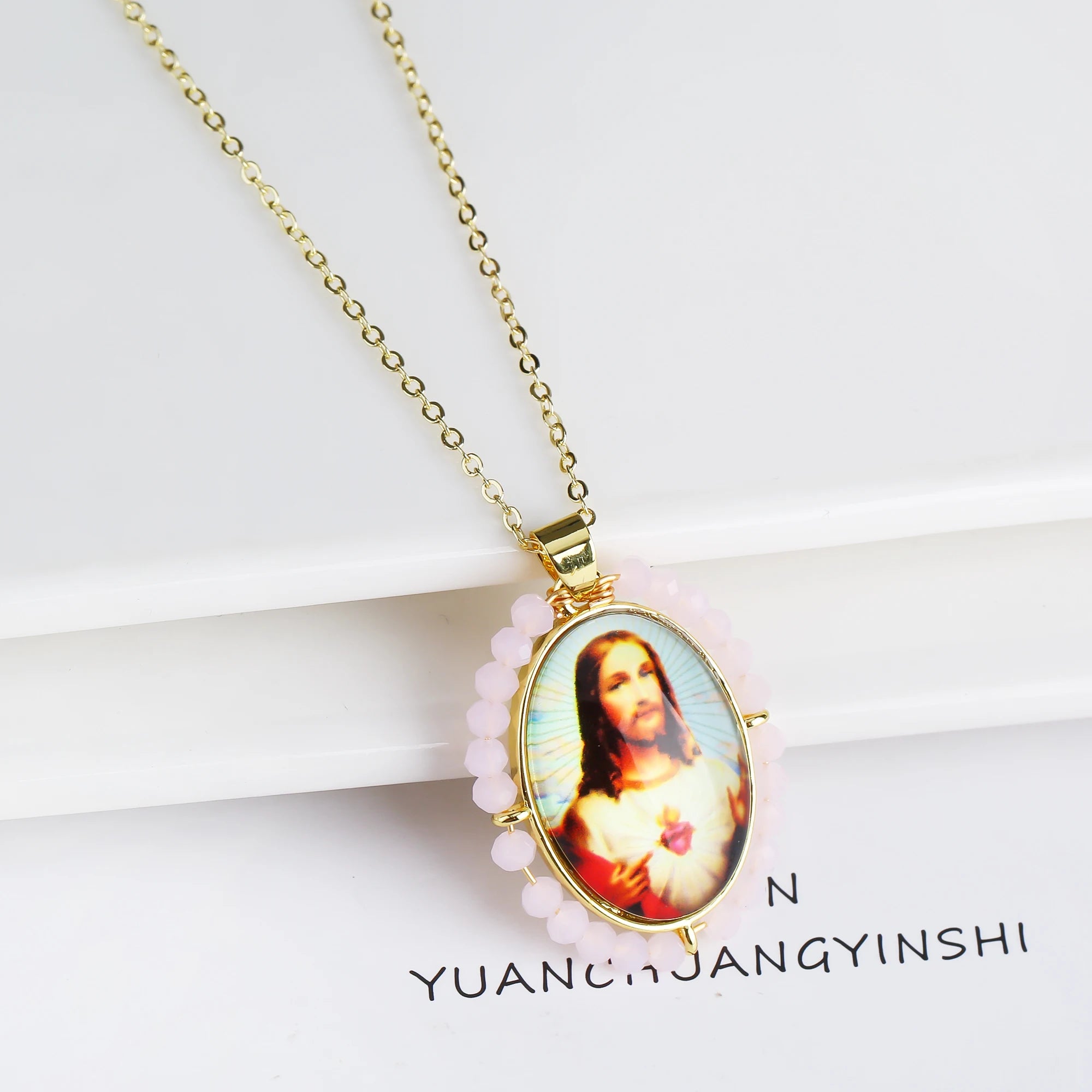 High Quality Hot Sale Religious Style Christian Catholic Image Pendant For Women Men Oval Shape Pave Beads Chain Choker Jewelry Qme 4