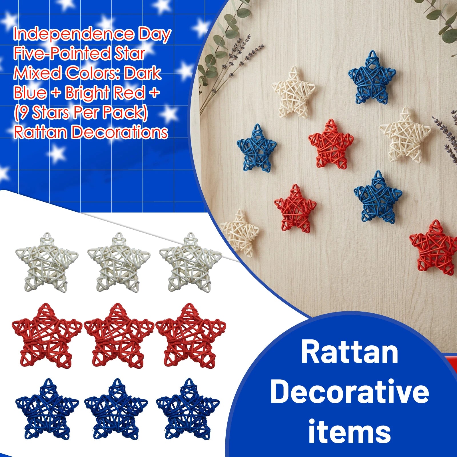 American Independence Day Five-Pointed Star Mixed Colors Handmade Multi-size Rattan Home DIY Decorations for Holiday Party Qme