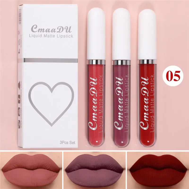 6 Colors/Set Fashion Matte Lip Gloss Sets Natural Moisturize Waterproof Lasting Velvet Sexy Red Liquid Lipstick Beauty Cosmetic Qme 05-3Pcs