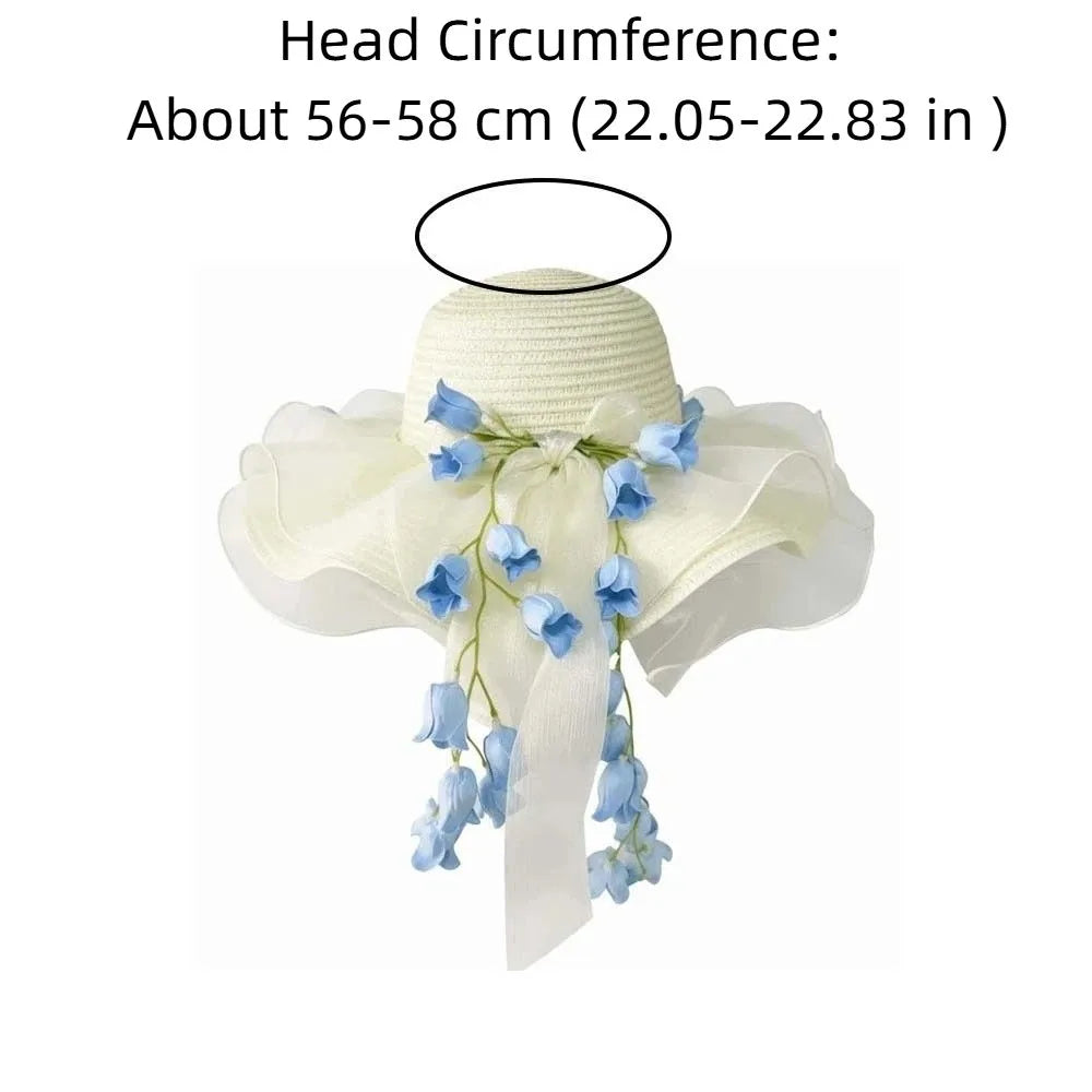 Summer Bonnet Wide Brim Straw Hat Lace Bowknot Floral Tassel Sun Cap Qme