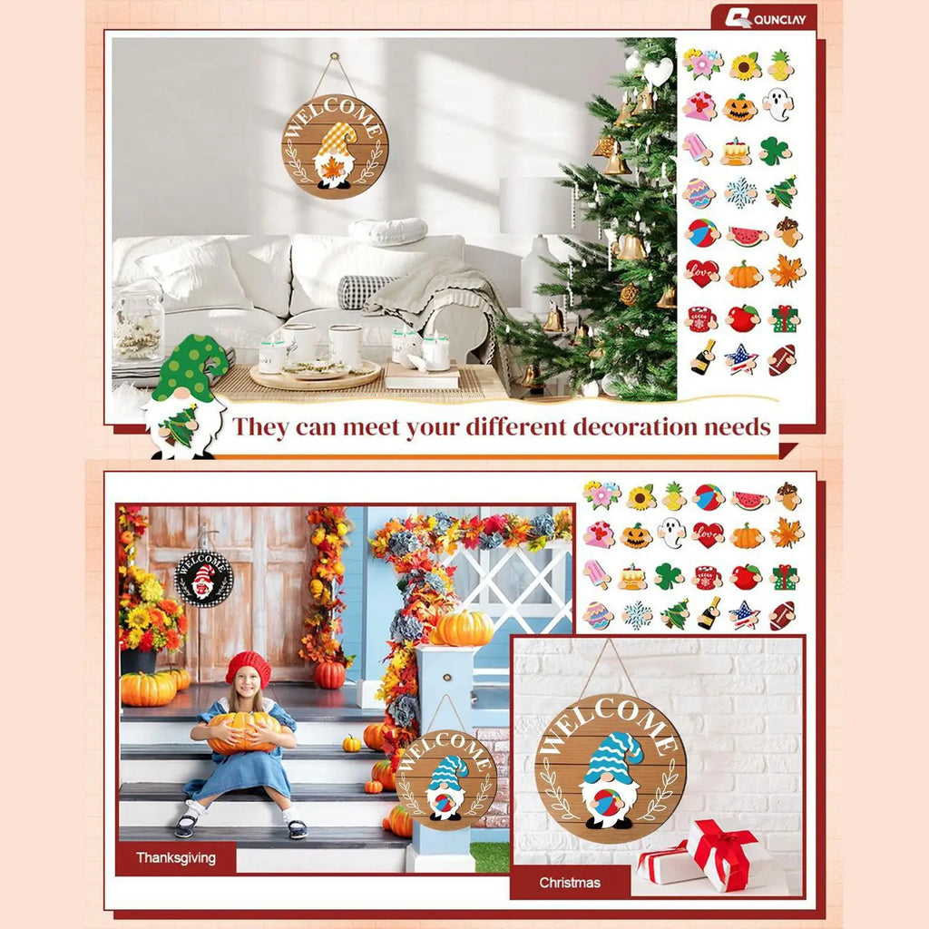 Interchangeable Door Sign Interchangeable Wreath Decoration Wooden Gnomes Seasonal Door Decorations For Home Kitchen Wall Qme