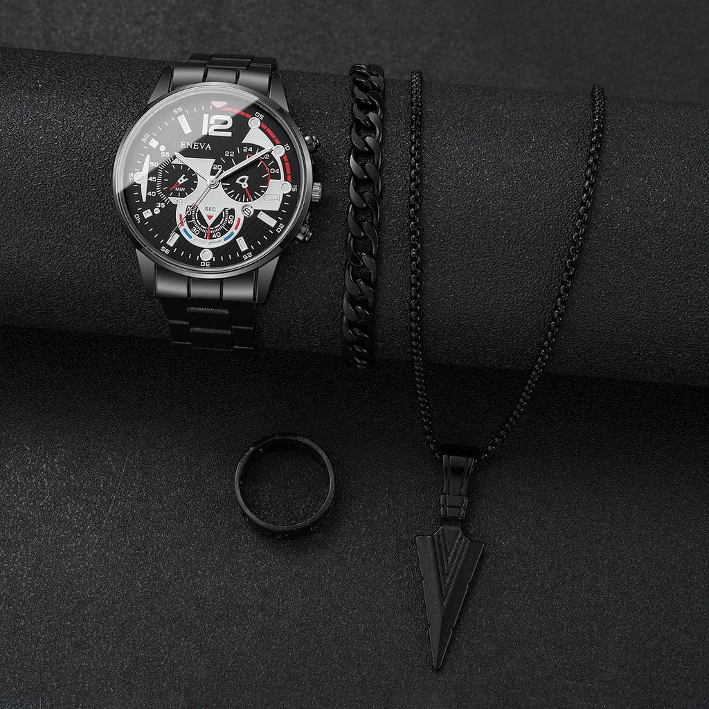 4 pieces/set of men's fashionable business watches, casual quartz watches with calendar and jewelry set, men's watches Qme