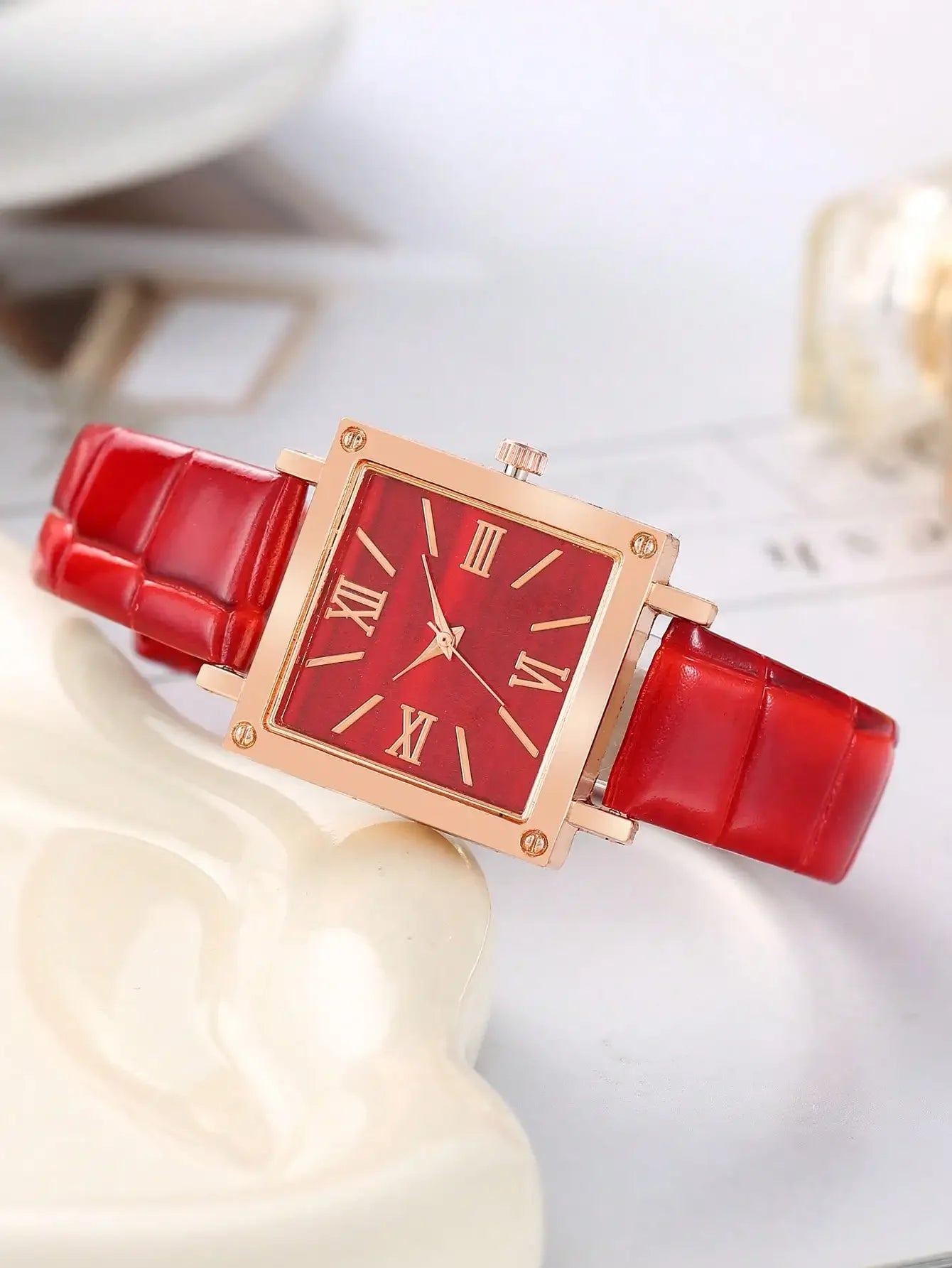4Pcs Women Red Cherry Jewelry Watch Set, Square Roman Dial Red Leather Quartz Watch + Red Crystal Necklace Earrings Bracelet Kit Qme