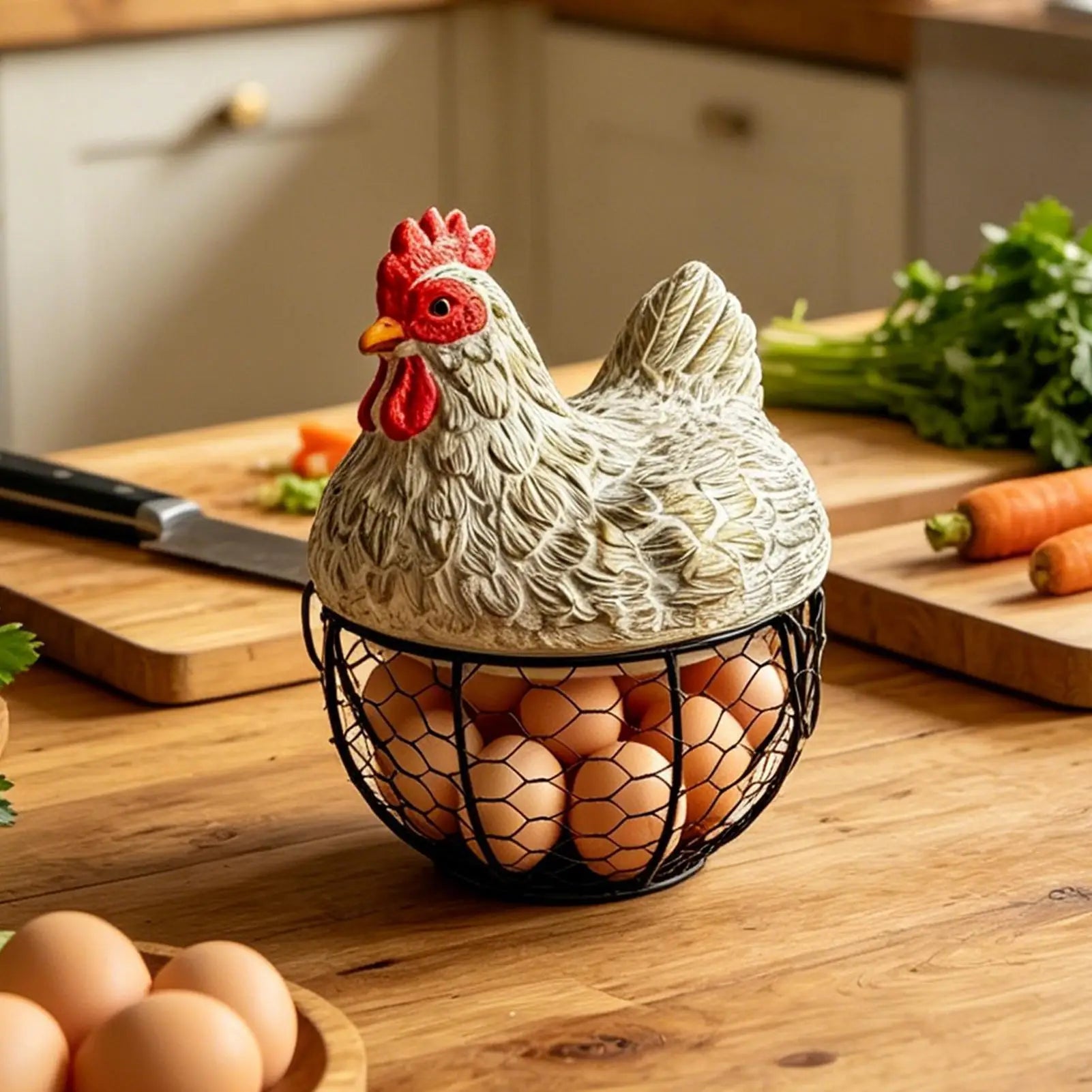 Egg Collecting Basket Chicken Design Lid Organizer Container Portable Round Collectiong Basket For Home Countertop Living Room Qme
