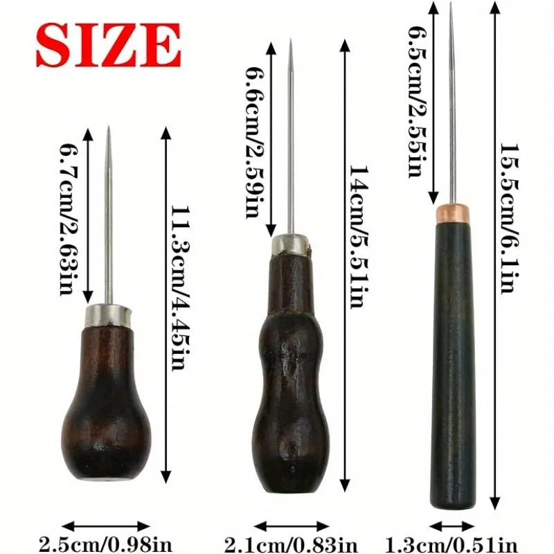 3pcs/Set Leather Awl Tool with Wooden Handle, Stitching Puncher for Sewing, Leathercraft, DIY Qme