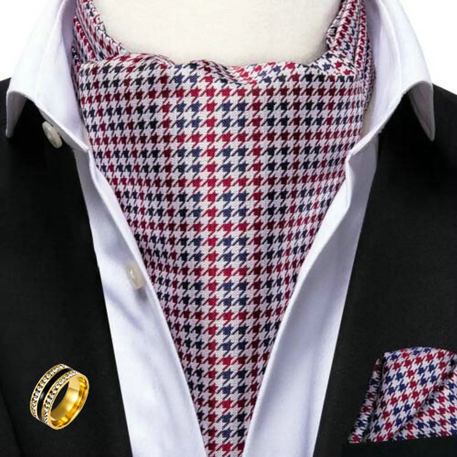 Ascot Tie Set, Classic Cravat with Pocket Square & Decorative Ring, Fashion Men's Neck Accessories Wedding Party silk Daily Wear Qme AS-1047-JZ0020