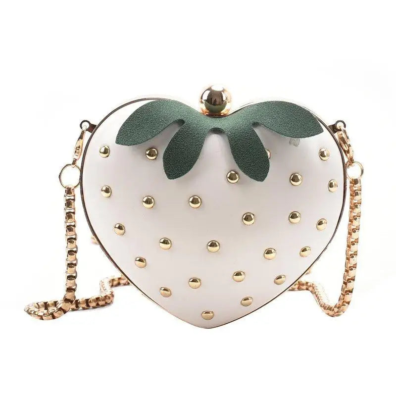 Red Leather Strawberry Crossbody Bag With Gold Studs And Chain Strap Perfect For Daily Outings Parties Teen Girls Qme White