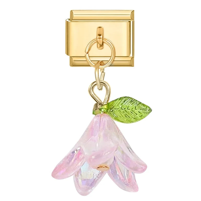 Fashion Colorful Lily Of The Valley Golden Pendant Italian Charm Link Fit 9mm Bracelet Stainless Steel Women Men DIY Making Gift Qme Style 6