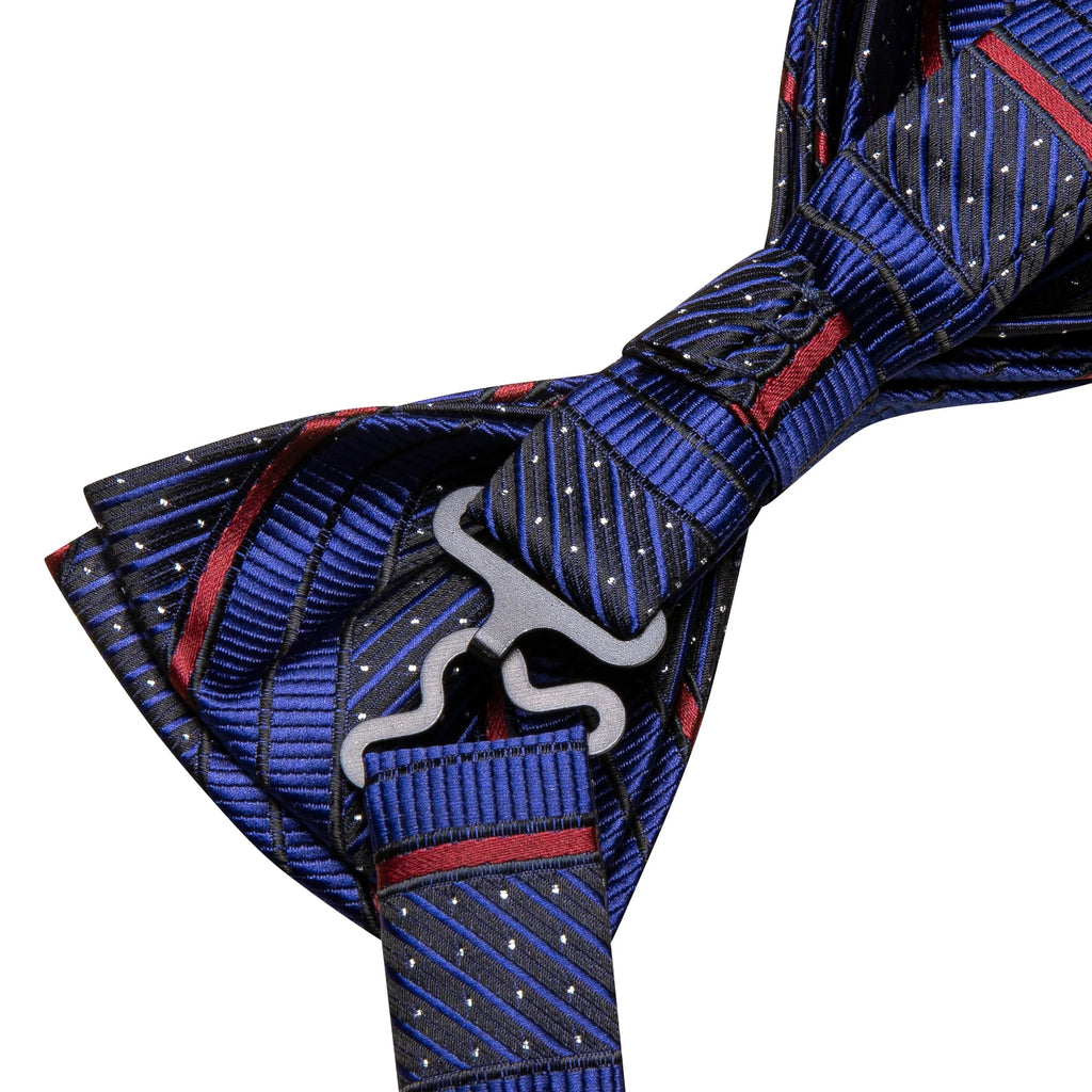 Hi-tie Silk Mens Striped Bow Tie Royal Blue Red Hanky Cufflinks Qme