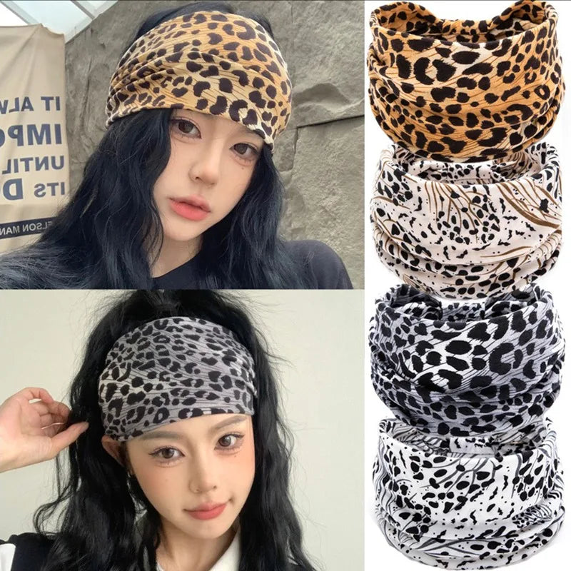 Women Wide Side Pilates Elastic Hair Bands Yoga Leopard Print Qme