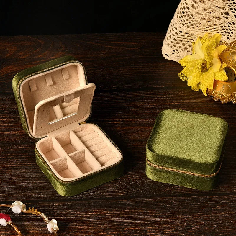 Velvet Jewelry Box For Women and Girls Necklace Ring Earrings Travel Portable Zipper Square Jewelry Storage Case with Mirror Qme Military Green