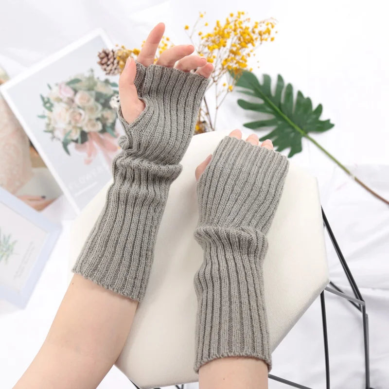 Women Long Fingerless Gloves Fashion Winter Warmer Mitten Arm Sleeve Qme GRAY length 30cm