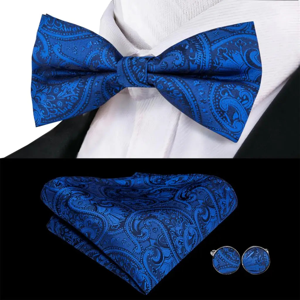 Navy Royal Sky Blue Silk Mens Bow Tie Hankerchief Cufflinks Pre-tied Qme LDLH0786