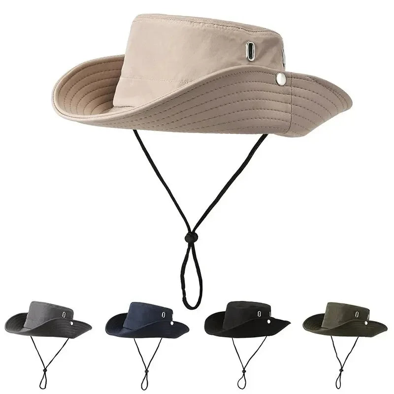 Windproof Men Outdoor Hat Wide Brim Flat Top Men Camping Hat Letter Print Anti-UV Strap Hollow Out Men Fisherman Hat Headwear Qme