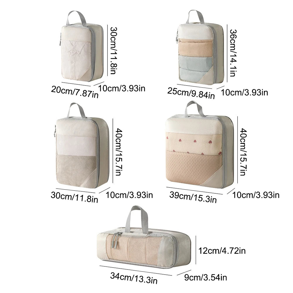 Packaging Clothes Compressed 5 Piece Set For Changing Laundry, Toiletries, Cosmetics Luggage Travel Storage Organizer Bag Qme