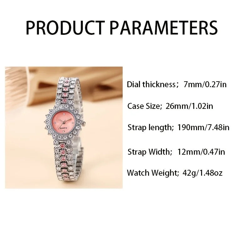 2pcs/set 1pc Ladies Fashion Rhinestone Roman Steel Strap Quartz Watch 1pc Heart Rhinestone Bracelet Set Qme