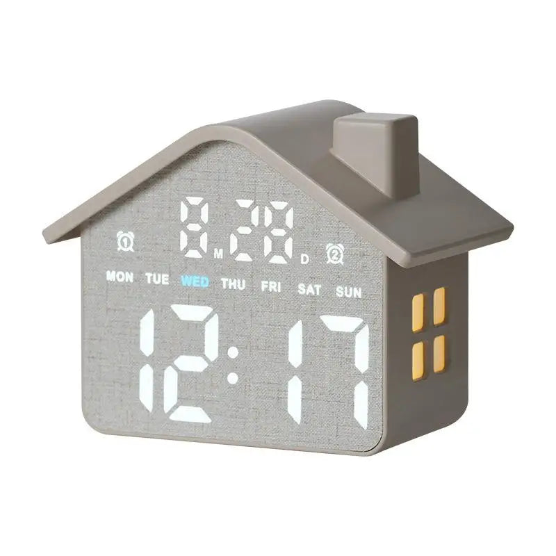 House Shaped LED Digital Alarm Clock Date Week Brightness Adjustment Qme gray