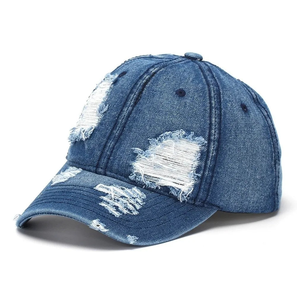 Retro Ripped Washed Denim Baseball Cap Frayed Soft Duckbill Curved Qme Dark Blue