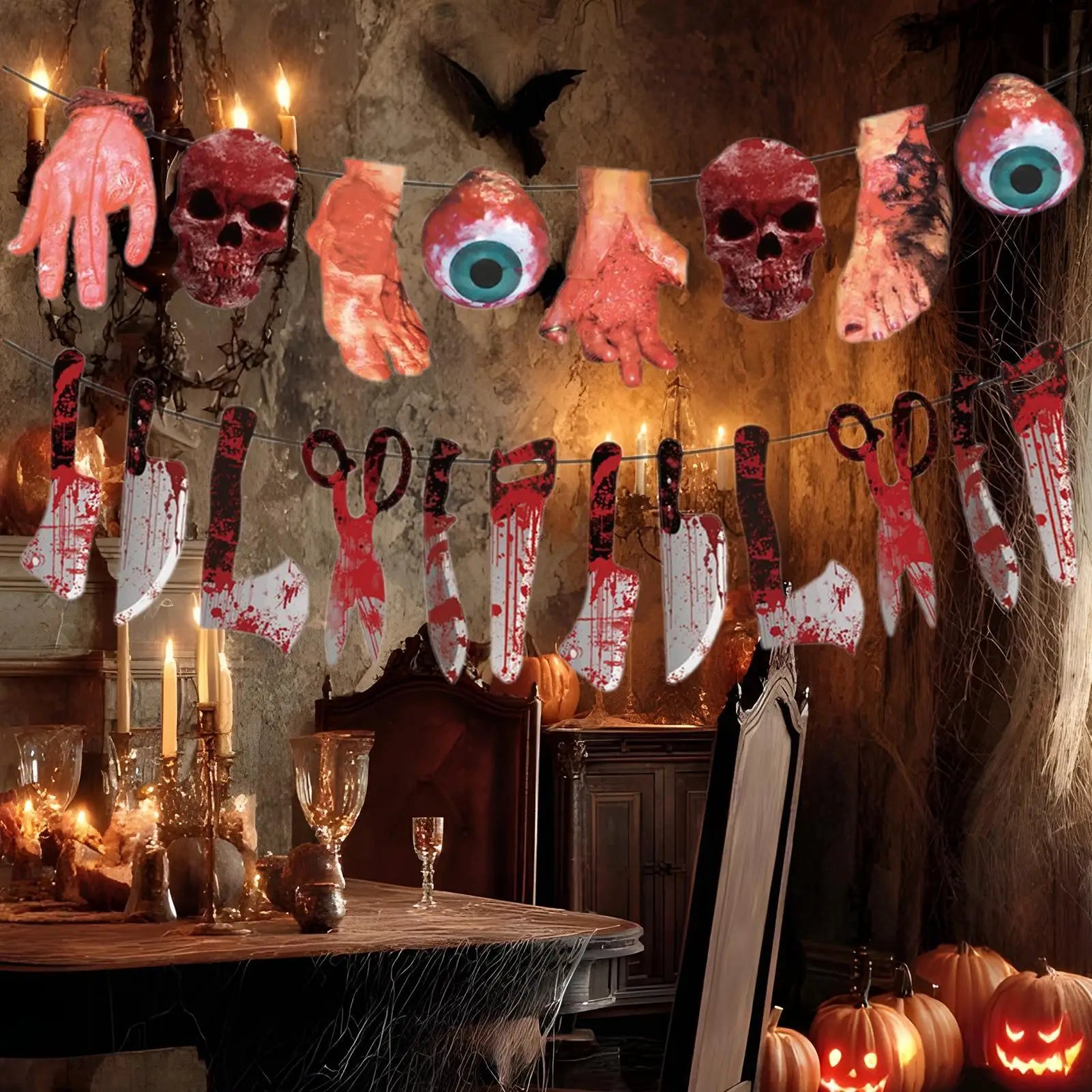 Halloween Banner 2025 Broken Hands Feet Horror Hangable Bloody Qme