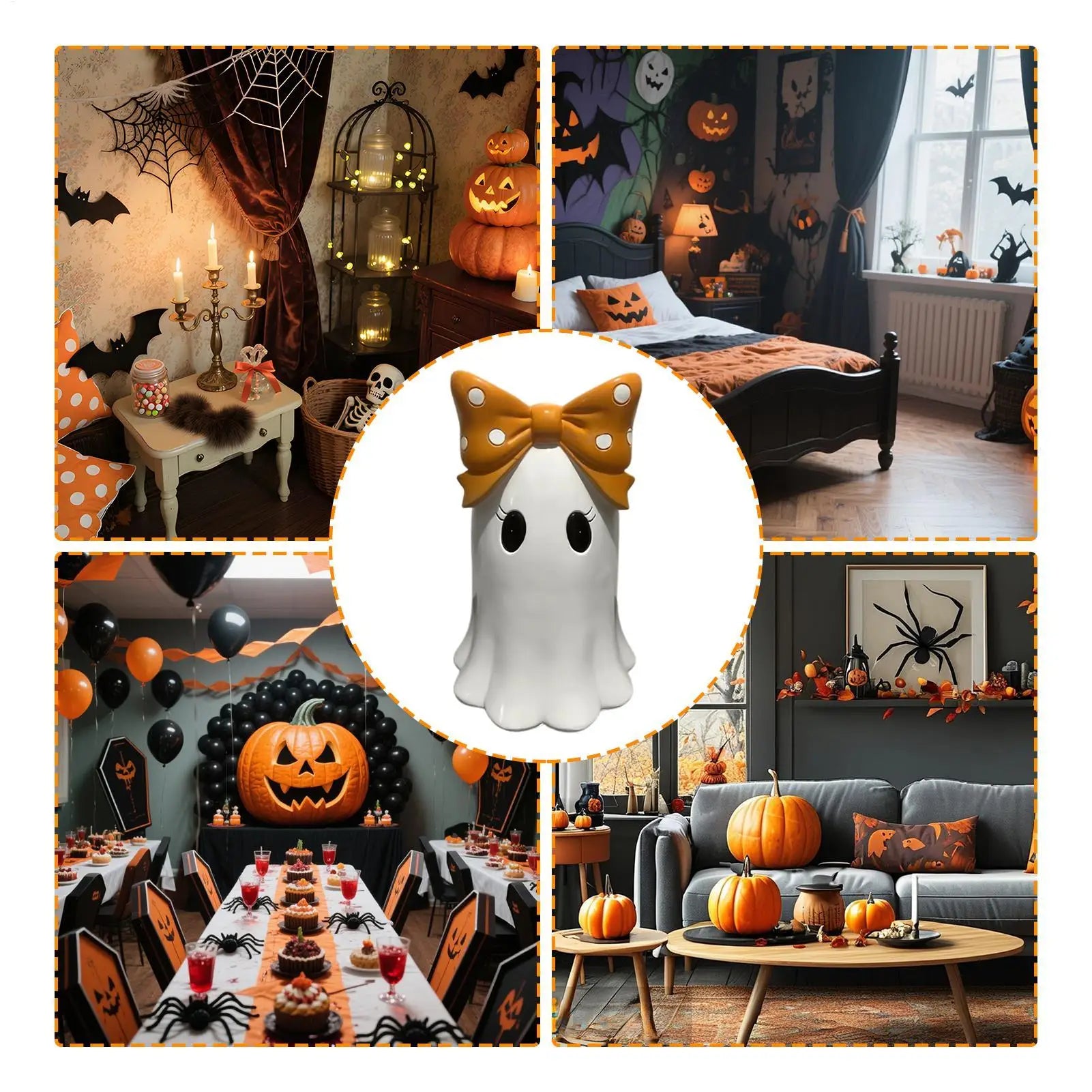 Ghost Decor Halloween Figurines Desktop Resin Ornaments With Bowknot For Gothic Wedding Window Display Birthday Party Indoor Qme