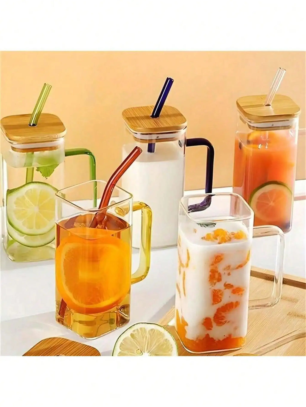 Bamboo Covered Straw Square Glass Cup Transparent Water Handle Iced Qme