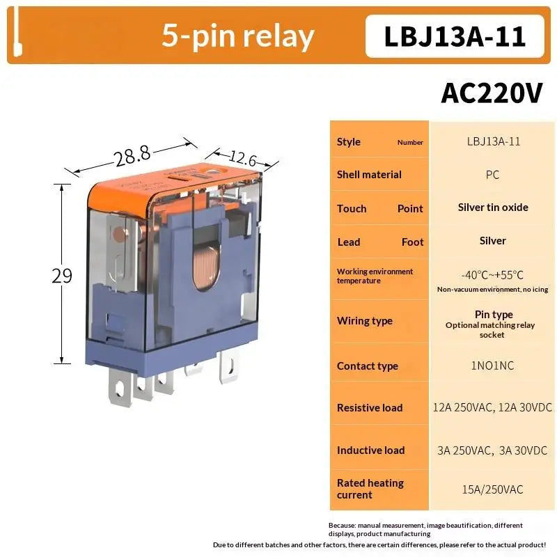 1Pcs AC220V DC 24V Universal Relay J13A Micro Voltage Plug-in Relay 5Pin 8Pin DC12V 12A Relay DIY Accessories Qme 5pin 1NO1NC AC220V