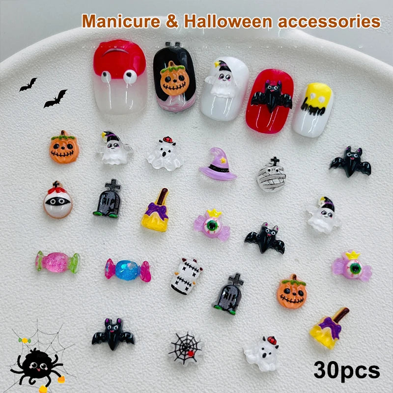30pcs Halloween Nail Art Charm 3D Kawaii Pumpkin Ghost Halloween Resin Decorations Cartoon Clown Mini Figurines Resin Nail DIY Qme