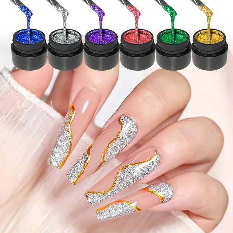 6 Colors Metallic Glitter Liner Gel Nail Polish Reflective Painting Qme