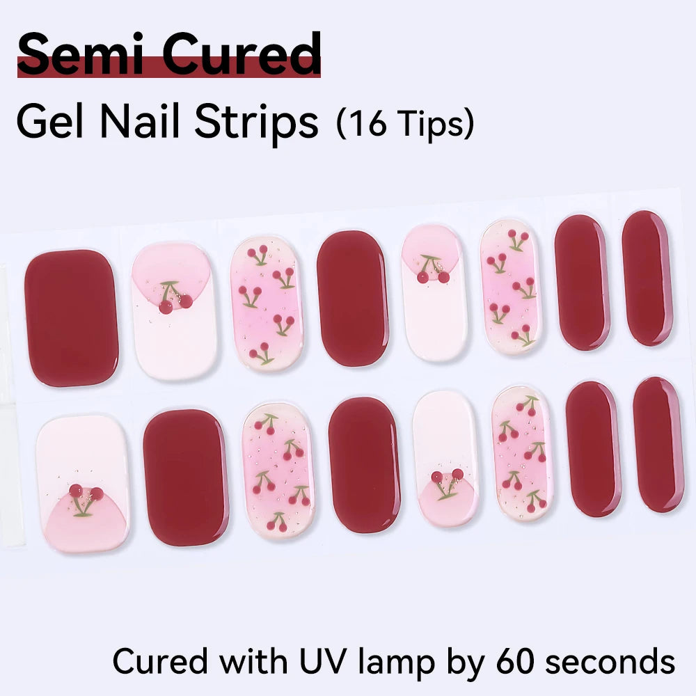 16Tips Semi-cured Gel Nail Sticker Colorful French Glitter UV LED Qme NF240204