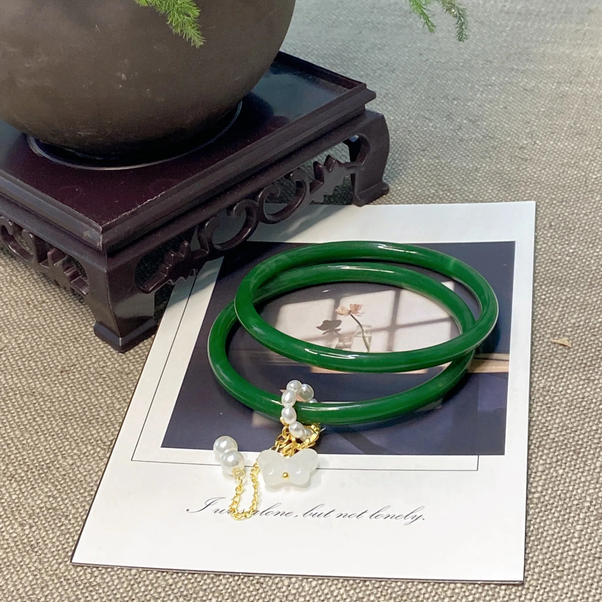 2Pcs/Set Imitate Natural Jade Jingle Butterfly Jelly Bangles Retro Simple Girl Antique Glass Bracelet Women's Jewelry Gifts Qme dark green China Mainland 58mm