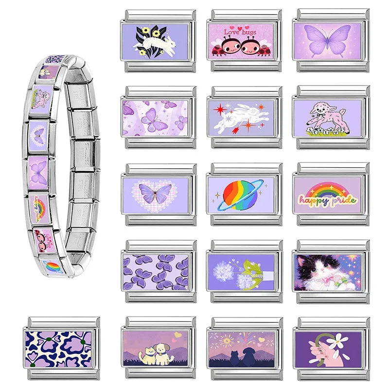 Sweet Purple Series Cats Dog Puppy Flower Heart Charm Italian Links Fit 9mm Bracelet Stainless Steel Women Men Making DIYJewelry Qme