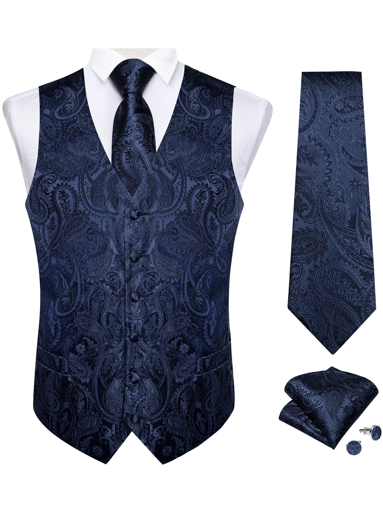 Men's Paisley Suit Vest Tie Formal Waistcoat Necktie Pocket Square Qme MJTZ0165 M