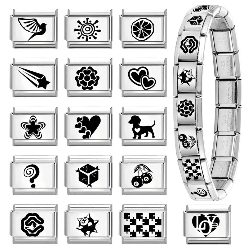 1pc Original Laser Engraving Star Art LOVE Heart Fish Charm Link fit 9mm Stainless Steel Jewelry Making DIY Italian Bracelet Gif Qme