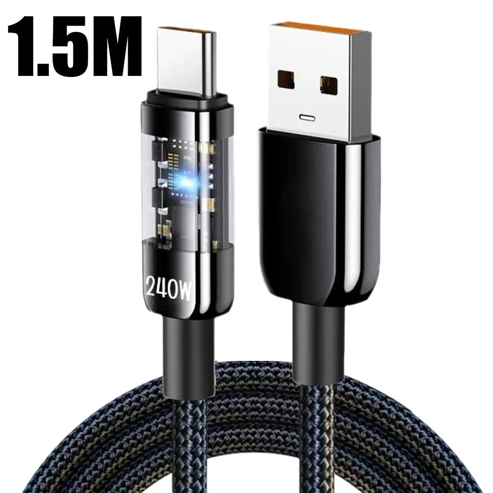 240W 10A Quick Charging USB C Cable Nylon Braided Transparent Type C High-speed Charger Wire for Samsung Huawei Xiaomi Data Line Qme 1.5m