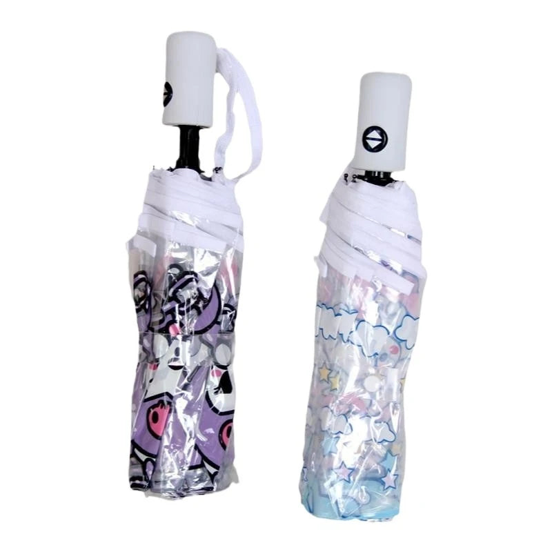 Hello Kitty Kuromi Cartoon Transparent Umbrella Fully Automatic Folding Thickened Three-Fold Student Umbrella Qme