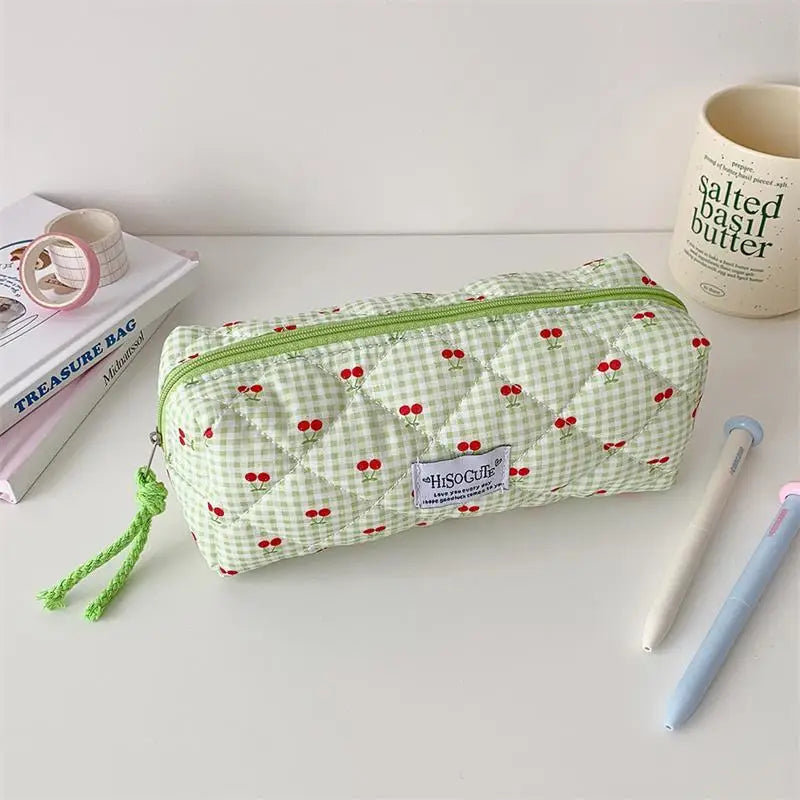 Cute Cherry Plaid Large Capacity Pencil Case Student Stationery Bag Qme Green
