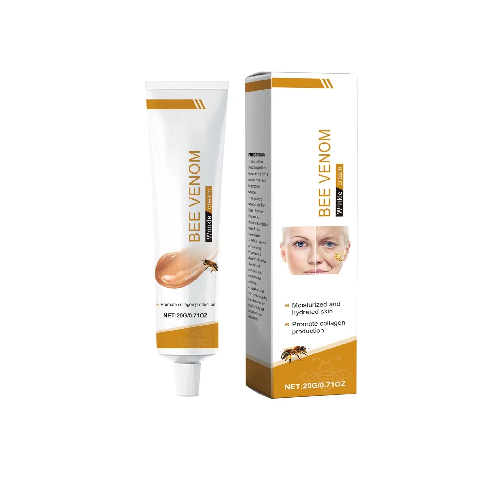 Bee Venom Wrinkle Removal Cream Firming Lifting Facial Moisturizing Deep Hydration Smoothing Fine Lines Anti Aging Face Cream Qme 20g Boxed