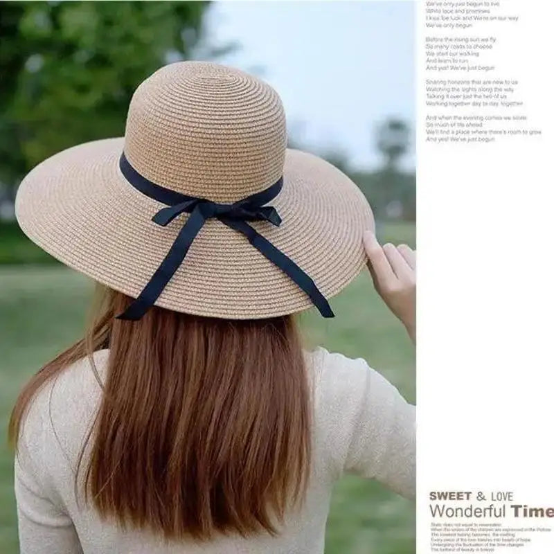 Women Summer Straw Hat Foldable Wide Brim Sun Protection Beach Korean Qme