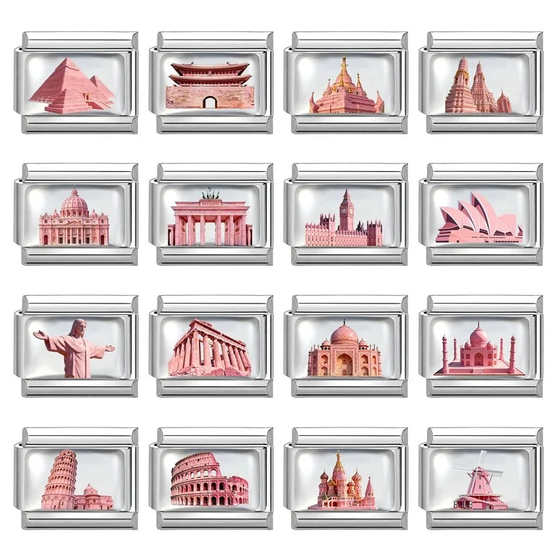 New2026 Hot Fashion Church Tower of Pisa Roman Colosseum Charm Italian Links Fit 9mm Bracelet Stainless Steel Making DIY Jewelry Qme
