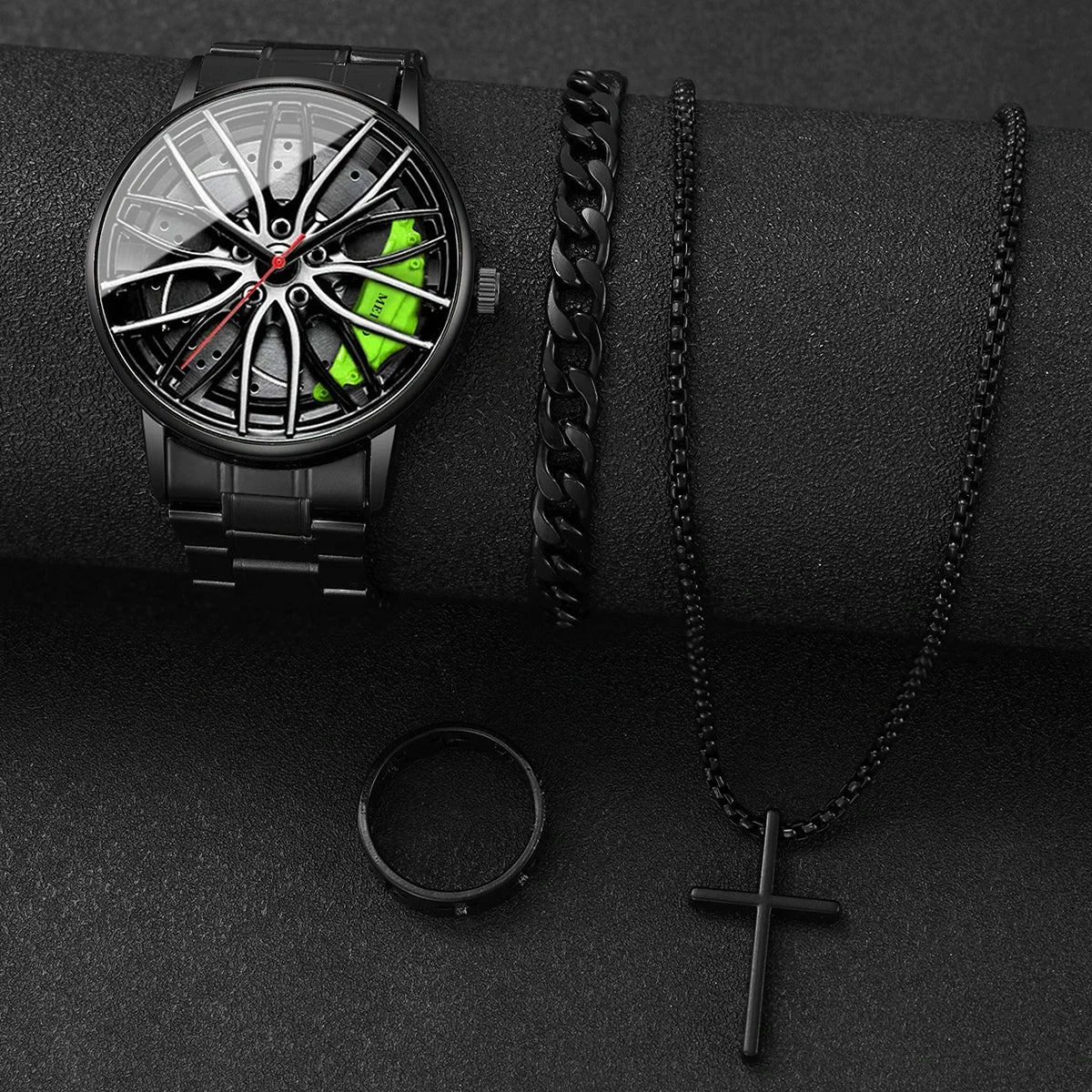 4 pçs/set moda 3d roda de carro dial masculino relógio esportivo luxo banda aço inoxidável relógios quartzo conjunto jóias Qme Yellow