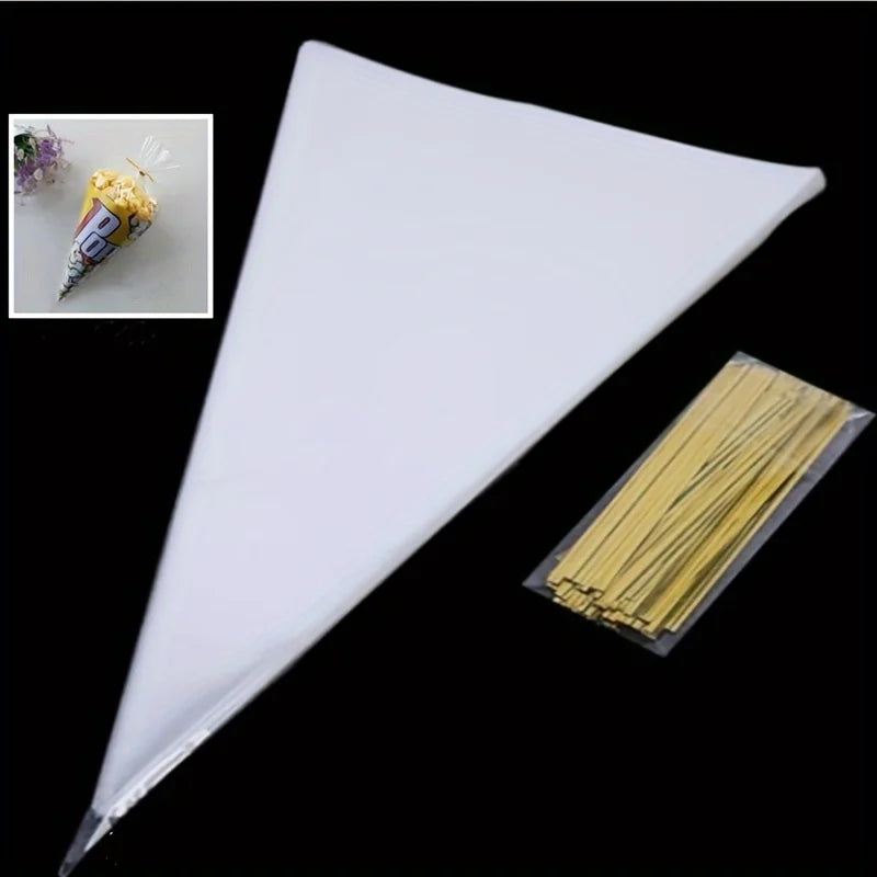 100pcs Golden Twist Ties Clear Treat Bags for DIY Snacks, Chocolates, Candy, Popcorn, Cookies - Perfect for Birthday Parties Qme