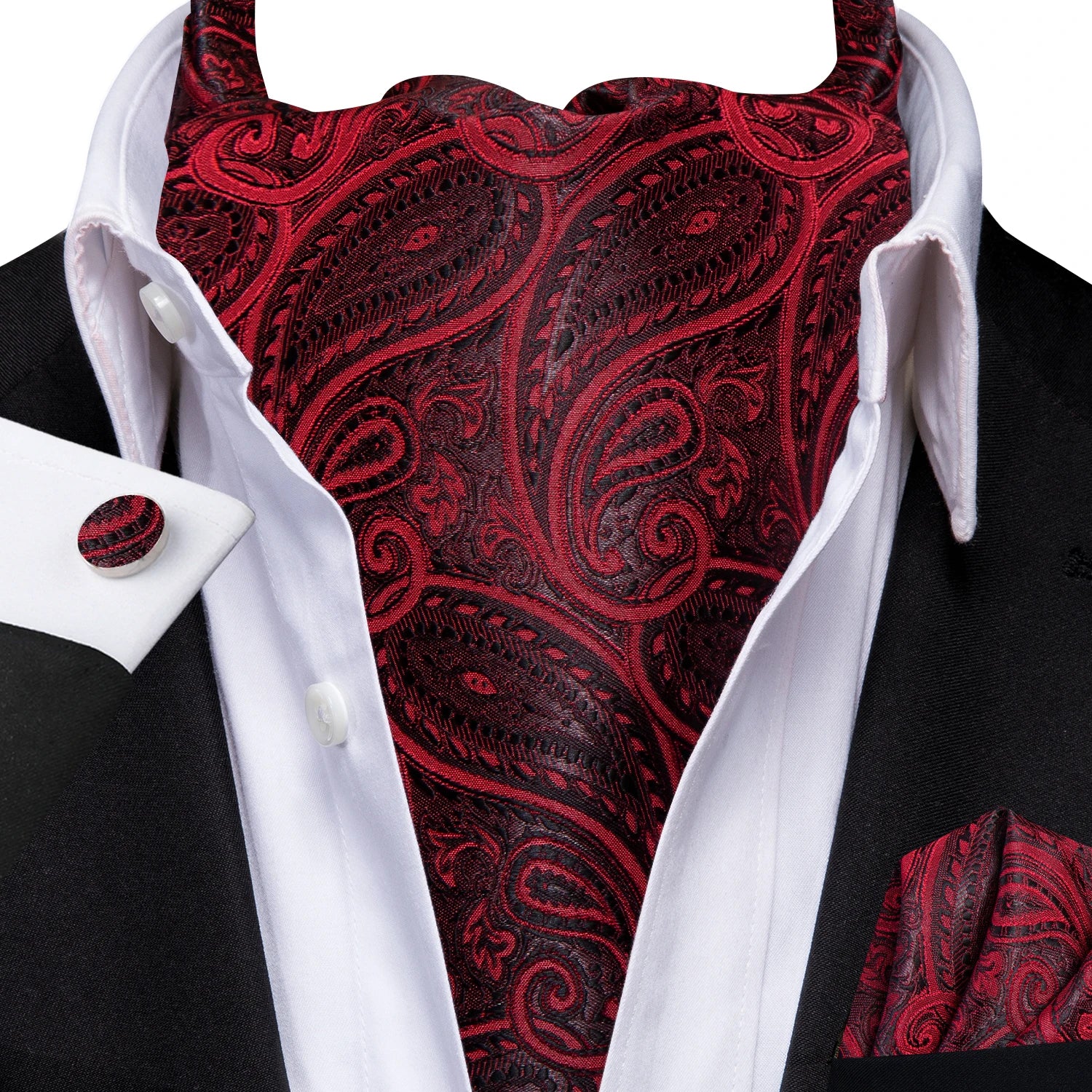 Hi-tie Mens Ascot Pocket Square Cufflinks Jacquard Paisley Floral Qme AS-1150