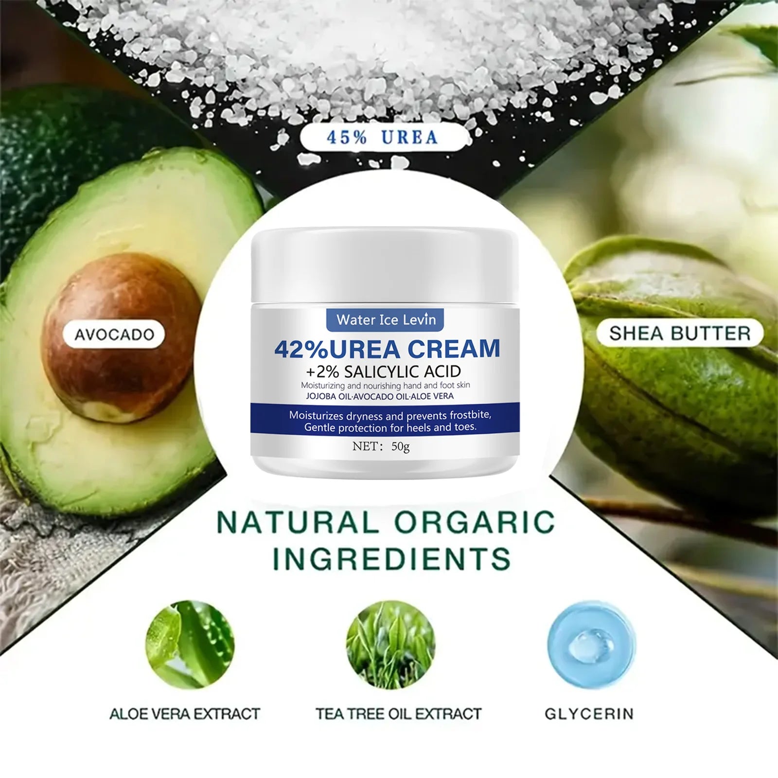50g Ultra Moisturizing 42% Urea Aloe Vera Foot Cream - gentle exfoliating daily foot moisturizer Qme